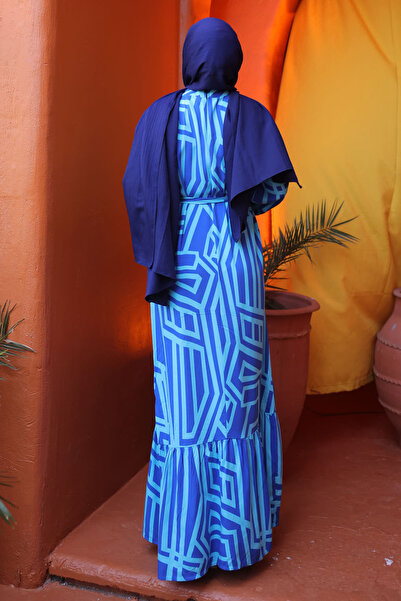 İmajButik Φόρεμα Saks με μπλε μοτίβο φούστα με στρώσεις Viscon