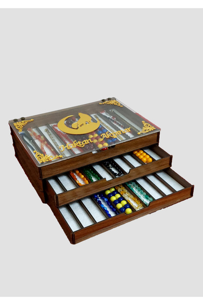 aswood Kişiye Özel İsim Yazılabilir 3 Katlı Ahşap Takı Bileklik ve Tesbih Koleksiyon Kutusu Dolabı Hediyeli