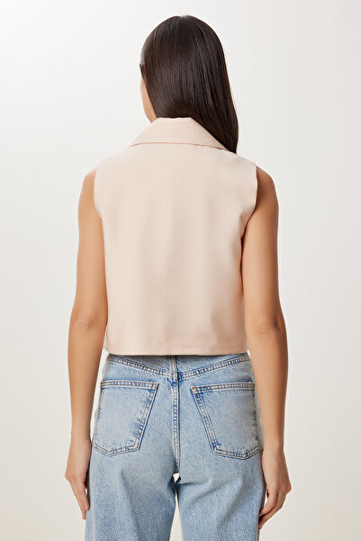 Lovelyİstanbul Linen Crop Vest - Shawl Collar, Cream Color, Lto0006