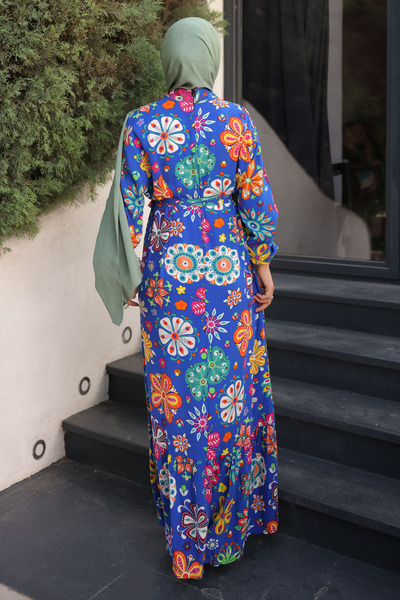 İmajButik Φόρεμα Saks με μπλε μοτίβο φούστα με στρώσεις Viscon