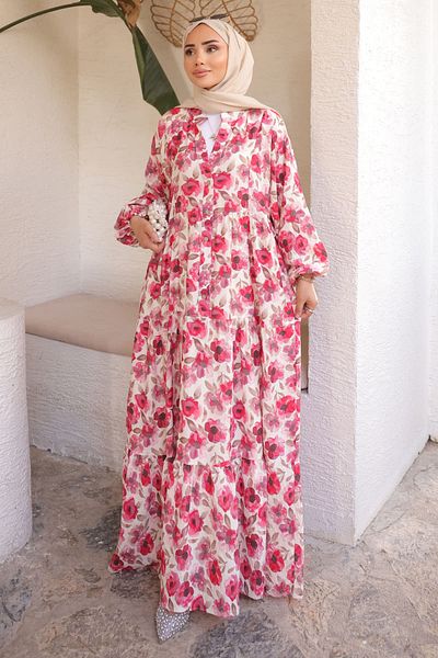 İmajButik Ροζ Φόρεμα με Μισό Κουμπί Φούστα