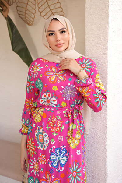 İmajButik Φούξια μοτίβο φούστα με στρώσεις Viscon φόρεμα