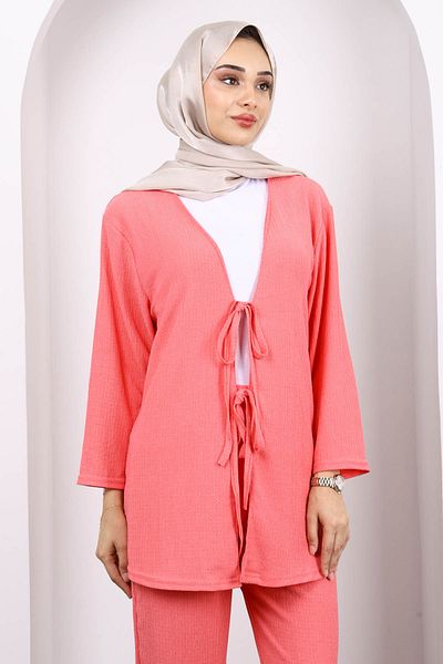 İmajButik Ροζ Μπροστινό Δεμένο Παντελόνι Κιμονό