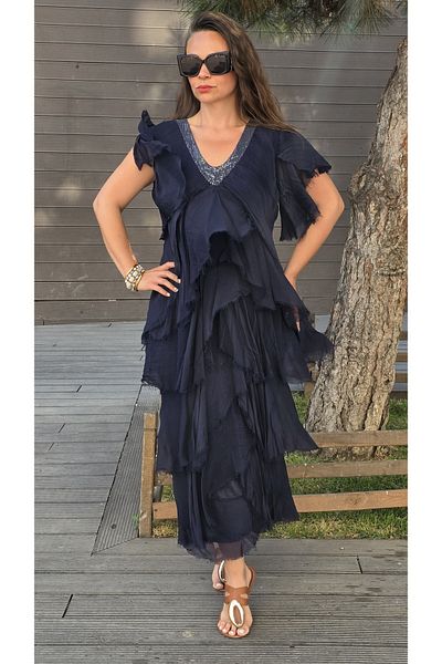 Park Moda Rochie din mătase italiană cu franjuri cu paiete cu decolteu în V