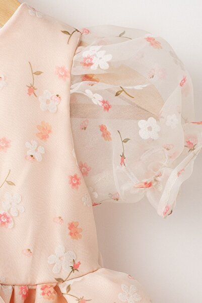 Banamio Grace Kız Bebek Çocuk Pamuk ve Saten Astarlı Çıtır Çiçek Desenli Tüllü Elbise