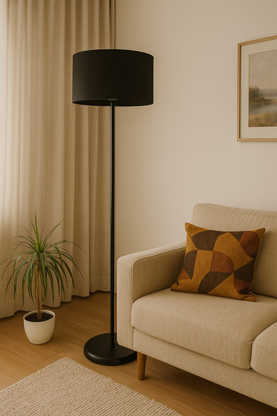 retro home design Siyah Model Silindir Siyah Kumaş Şapkalı Lambader Dekoratif Yatak Odası Salon