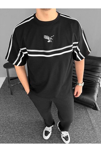 bergibo 2 Thread Combed Fabric Black and White T-Shirt - New Season Black and White Striped Eagle T-Shirt