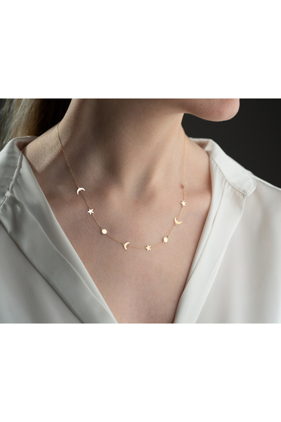 Minimal Kolye Altın Ay Yıldız Güneş Galaxy Kolye