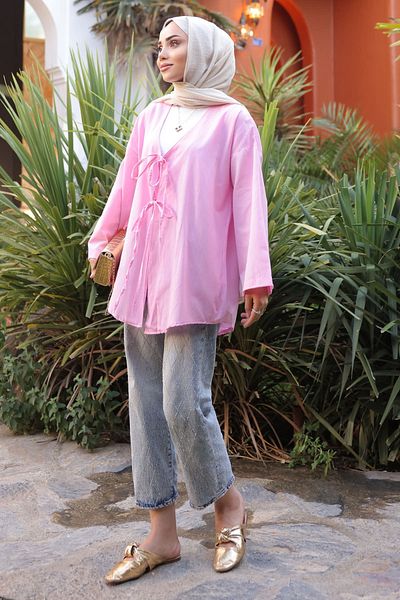 İmajButik Pink Front Tie Kimono Tunic