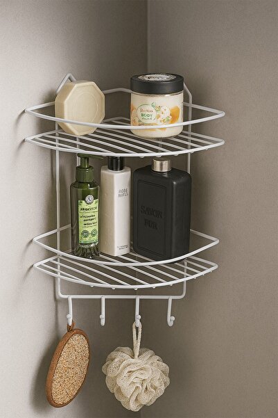 Sas Haus Ανοξείδωτο λευκό αυτοκόλλητο οργανωτής γωνιακού μπάνιου, θήκη σαμπουάν, ράφι ντους 2 επιπέδων με 4 γάντζους EK-02