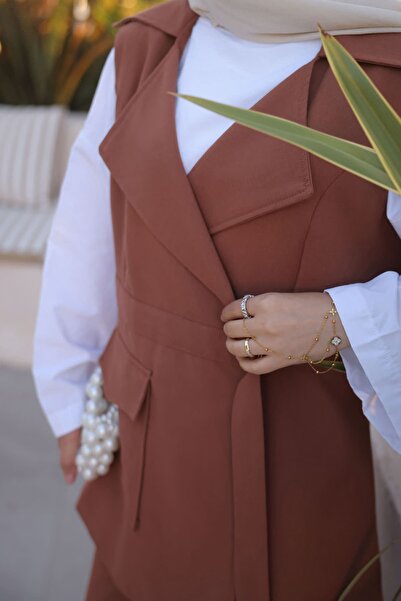 İmajButik Tan Belted Vest and Trousers Suit