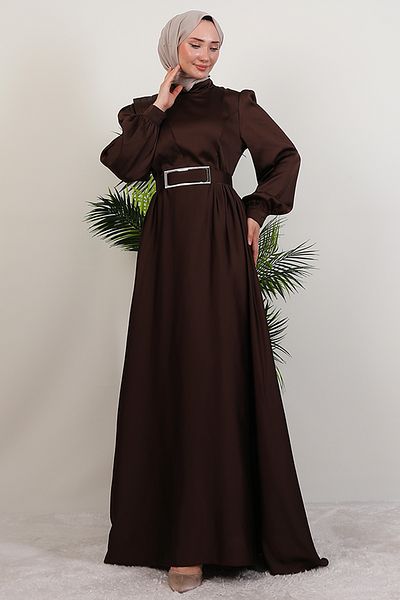 GİYZAMİLA Πλισέ μπροστινό βραδινό φόρεμα Hijab Bitter Brown