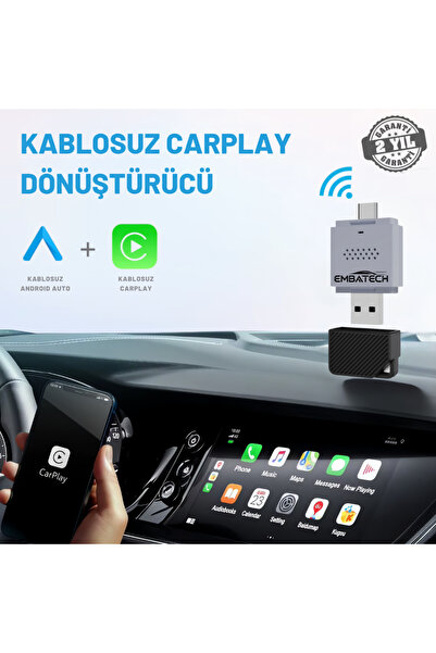 Embatech Araç Içi 2in1 Android Ve Apple Cihazlar Için Kablosuz Android Auto Ve Carplay Adaptörü (EMT-004)