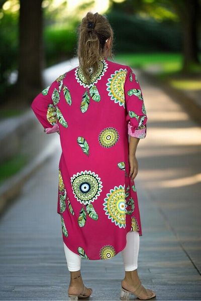 yagmurberen Plus Size - Evil Eye Bead Print Buttoned Long Sleeve Tunic Dress