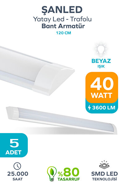 ŞANLED 120 Cm 40 Watt Yatay Led Bant Armatür-trafolu Beyaz Işık-5 Adettir