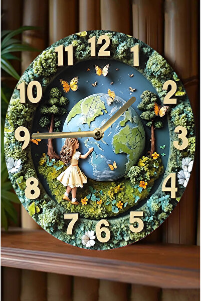 kutuTR Doğa ve Dünya Temalı MDF Duvar Saati – 3D Görünümlü, Sessiz Mekanizmalı, 2D HD Baskı sdw240