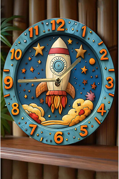 kutuTR ساعة حائط MDF للأطفال بطابع صاروخ وفضائي - مظهر ثلاثي الأبعاد، طباعة ثنائية الأبعاد عالية الدقة، آلية صامتة sdw236