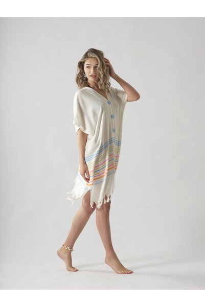 ROZET TEKSTİL Blue Button Cotton Summer Beach Dress Standard Size