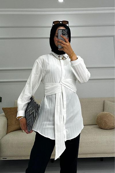 HİFADEN Γυναικείο μακρυμάνικο πουκάμισο Hijab με λεπτομέρεια ζώνης