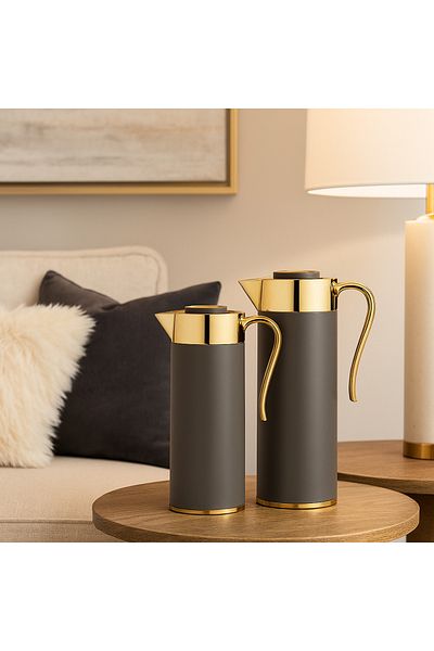 ALSAIF Flora Coffee And Tea Vaccum Flask Set In Grey/gold / Leak-proof And Keeps Drinks Hot 1.0/0.7 Liter