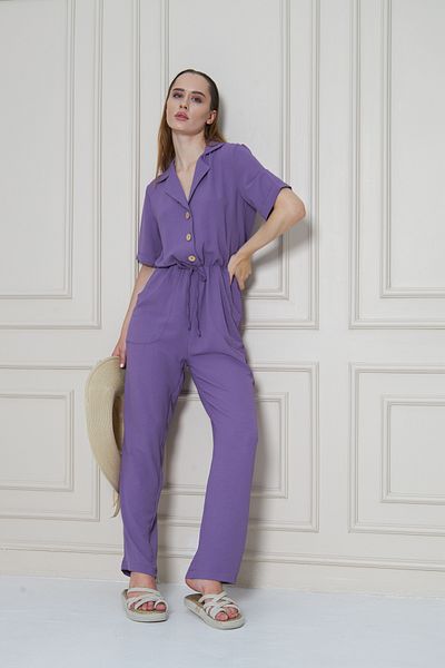 Pasaklı Giyim Women's Lilac Buttoned Pockets Drawstring Waist Belt Short Sleeve Jacket Collar Casual Jumpsuit 2622374