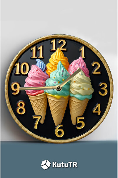 kutuTR Renkli Dondurma Külahlı MDF Duvar Saati – 3D Görünümlü, Sessiz Mekanizmalı, 2D HD Baskı sdw241