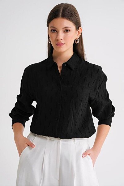 Mixray 4671 Women's Leaf Patterned Long Sleeve Basic Shirt Black