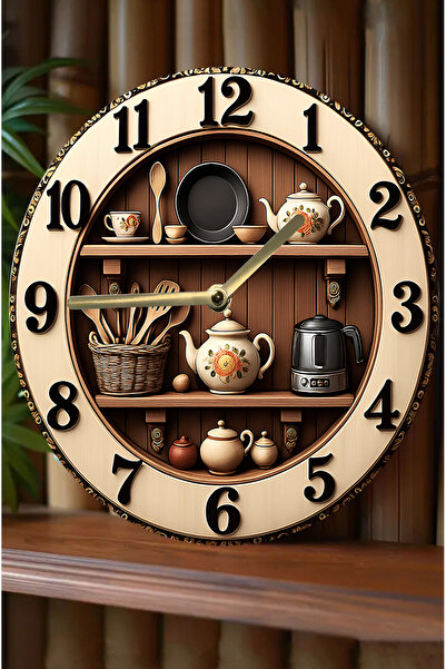 kutuTR Zaman Mutfakta Pişer – Raf Temalı Sessiz Yuvarlak Ahşap Duvar Saati, Kuvars Coffe Desen 2d Sdw208