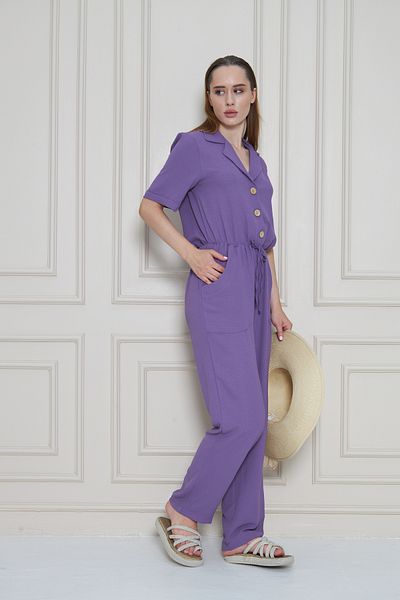 Pasaklı Giyim Women's Lilac Buttoned Pockets Drawstring Waist Belt Short Sleeve Jacket Collar Casual Jumpsuit 2622374