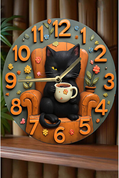 kutuTR Siyah Kedi Temalı MDF Duvar Saati – 3D Görünümlü, 2D HD Baskı, Sessiz Mekanizma sdw237