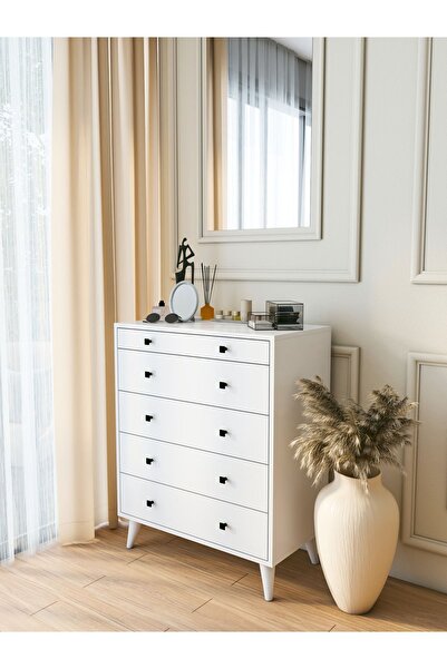 MONTENERO Şifonyer Parlak Beyaz 5 Çekmeceli Country Şifonyer