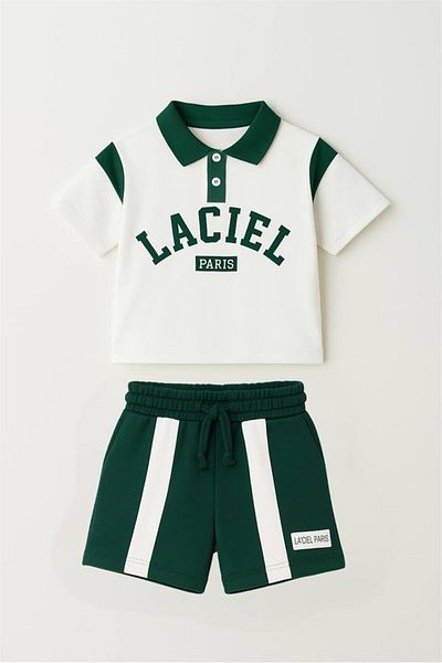 Motebarn Wear Boy's Laci'El Paris Logo Detailed Bottom-Top Suit Green