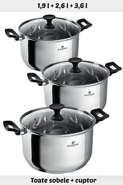 Blaumann Stainless Steel Cookware Set 6 Pcs Pots Lids 16/18/20 Cm Gourmet Line Induction Dishwasher Safe