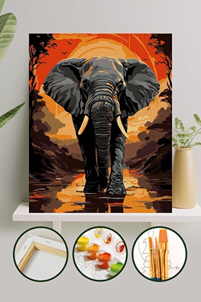 Palmiye Hobi Sanat Kırtasiye Sayılarla Boyama 40x50 Cm Tuval Seti Fırça Boya Dahil Çıtaya Gerili - Fil