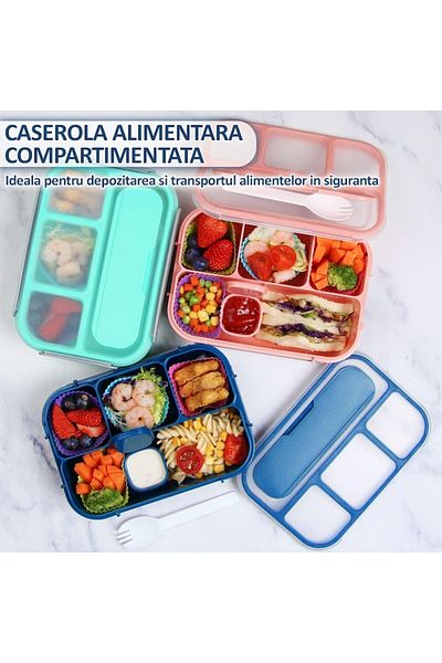 NEXTLY Caserola compartimentata NEXTLY, anti-scurgere, 4 compartimente, 22.5x16x6.5cm, 1300ml, albastru