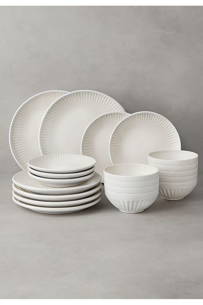 Tavola Ceramics Dinner Set 18 Pcs Farfurii Dining Set Plate Set Dishwasher Microwave Safe Cream Glossy