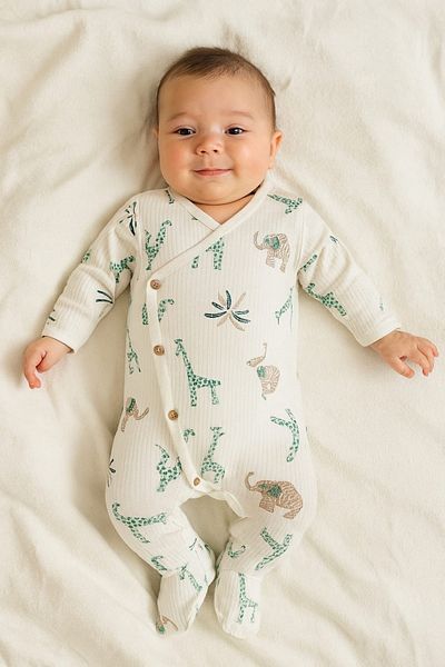 Tiny World Safari Animals Printed 100% Cotton Side Opening Buttoned Jumpsuit