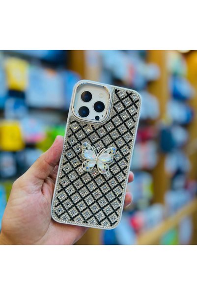 DGN İphone 13 ve İphone 14 Uyumlu Baklava Desenli Pırlanta Taşlı ve Kelebekli...