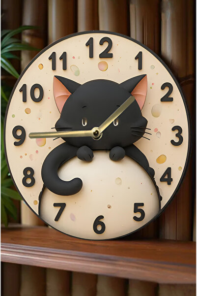 kutuTR 🐾   Cute Cat Mdf Wall Clock – Black Kitten Design Sdw290