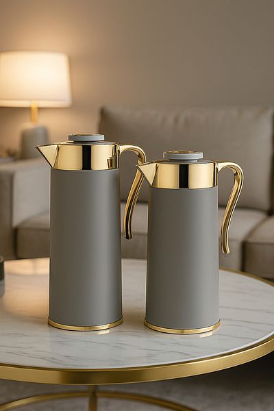 ALSAIF Flora Coffee And Tea Vaccum Flask Set In Grey/gold / Leak-proof And Keeps Drinks Hot 1.0/0.7 Liter