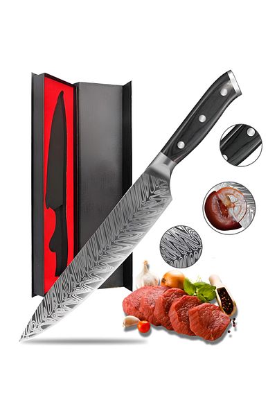 Köken Professional Damascus Kitchen Knife Koken, 21 Cm High Carbon Steel Blade, 34.5 Cm, Wooden Handle