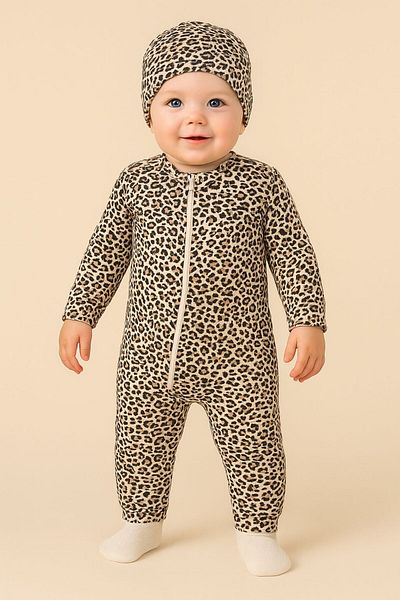 Mai Perla Baby Girl Romper Leopard Patterned Cotton and Zippered Hat Gift Long Sleeve Baby Romper 6-12 Months