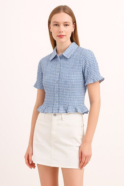 Kübra Tekstil Bluză cămașă crop cu mâneci scurte cu volane, cu model în carouri, de vară
