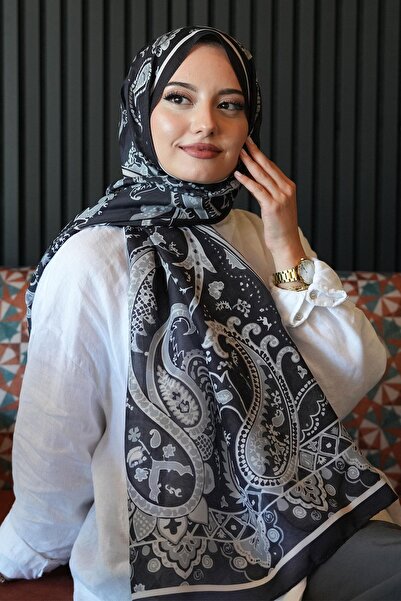 AFVENTE Damla Motif Pattern Black Soft Cotton Shawl