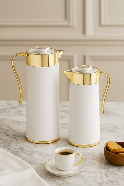 ALSAIF Flora Coffee And Tea Vaccum Flask Set In Ivory/gold / Leak-proof And Keeps Drinks Hot 1.0/0.75l