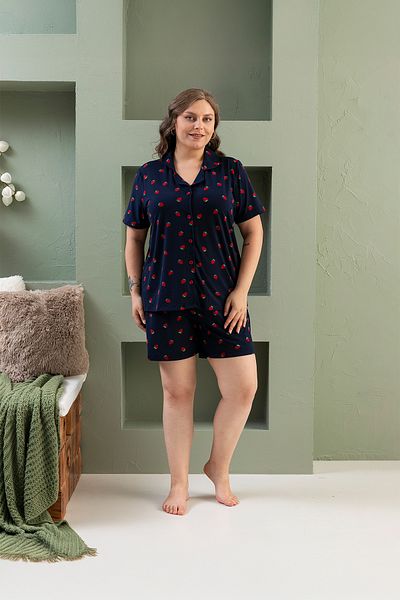 nisaNCa Комплект пижама с къс ръкав и риза Milan Plus Size - Супер мека материя - Пижама с шарка на ягоди