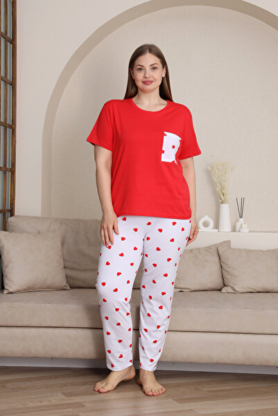 nisaNCa 100% Cotton Plus Size 3 Piece Pajamas Set for Women - Romantic Sleepwear with Tiny Heart Pattern in Red