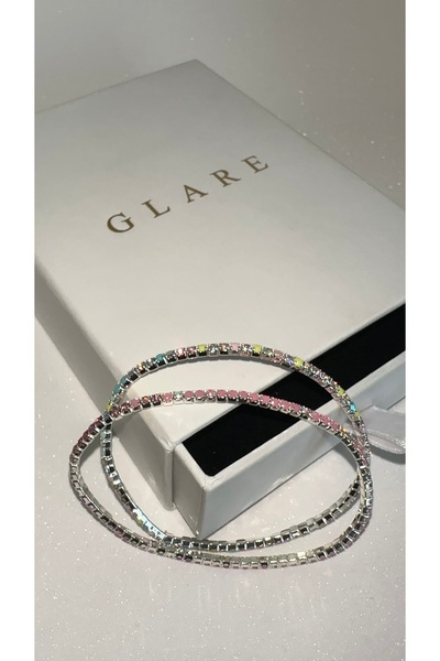 GLARE JEWELRY Pink and Colored Stone 2-Piece Flexible Stainless Steel Bracelet