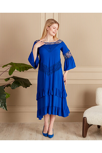 EL jadida Rochie lungă din viscoză cu volane pentru femei, neagră