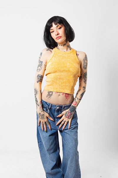 Bak Moda Помаранчевий кроп-топ з ремінцями - з ефектом вимивання, без рукавів